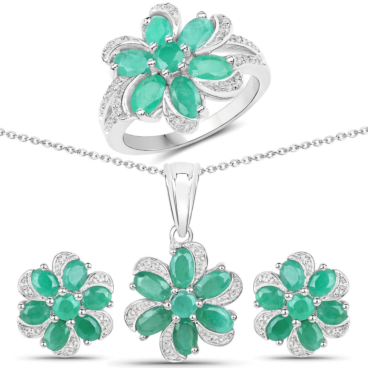 7.84 Carat Genuine Emerald and White Topaz .925 Sterling Silver 3 Piece Jewelry Set (Ring, Earrings, and Pendant w/ Chain) by Bids.com