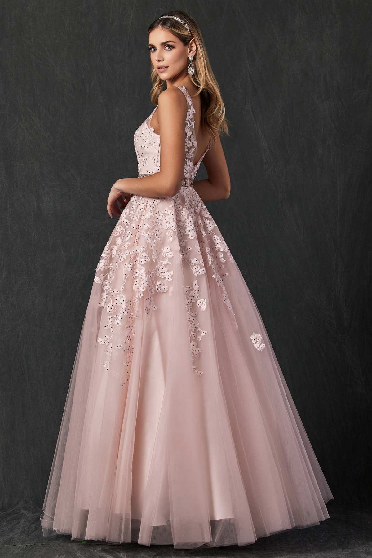 Juliet 224 V-Neck and Back Embroidered Tulle A-Line Ball Gown by DiscountDressShop