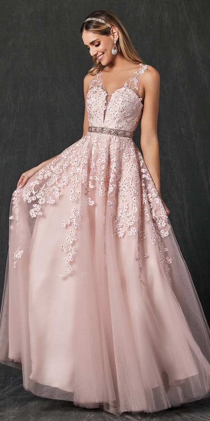 Juliet 224 V-Neck and Back Embroidered Tulle A-Line Ball Gown by DiscountDressShop