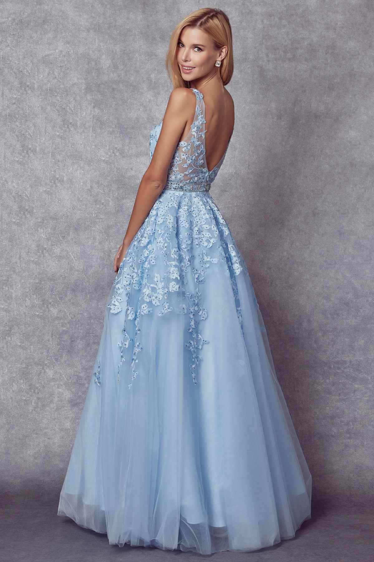 Juliet 224 V-Neck and Back Embroidered Tulle A-Line Ball Gown by DiscountDressShop