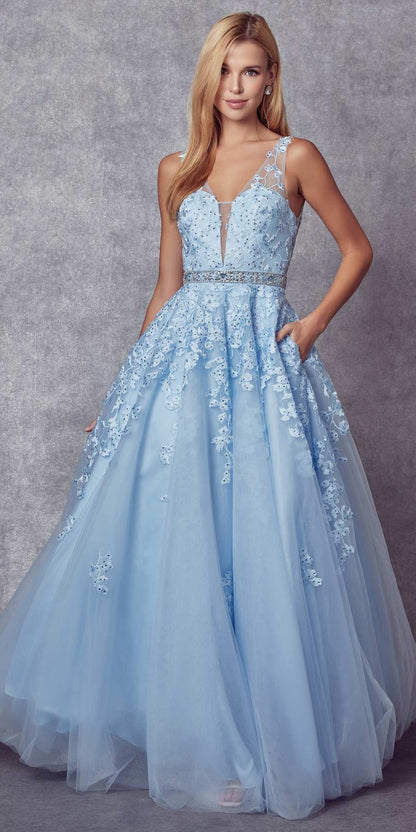 Juliet 224 V-Neck and Back Embroidered Tulle A-Line Ball Gown by DiscountDressShop