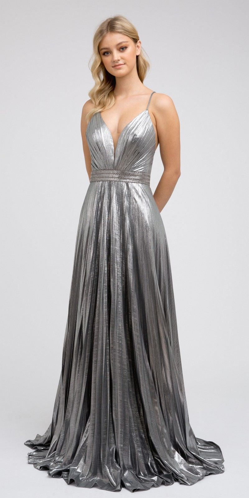 Juliet 226 Metallic Pleated Long Dress A-Line Lace-Up Back by DiscountDressShop