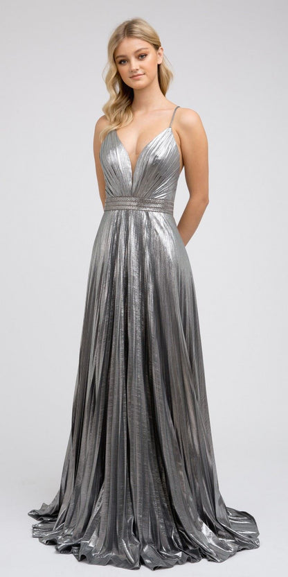 Juliet 226 Metallic Pleated Long Dress A-Line Lace-Up Back by DiscountDressShop