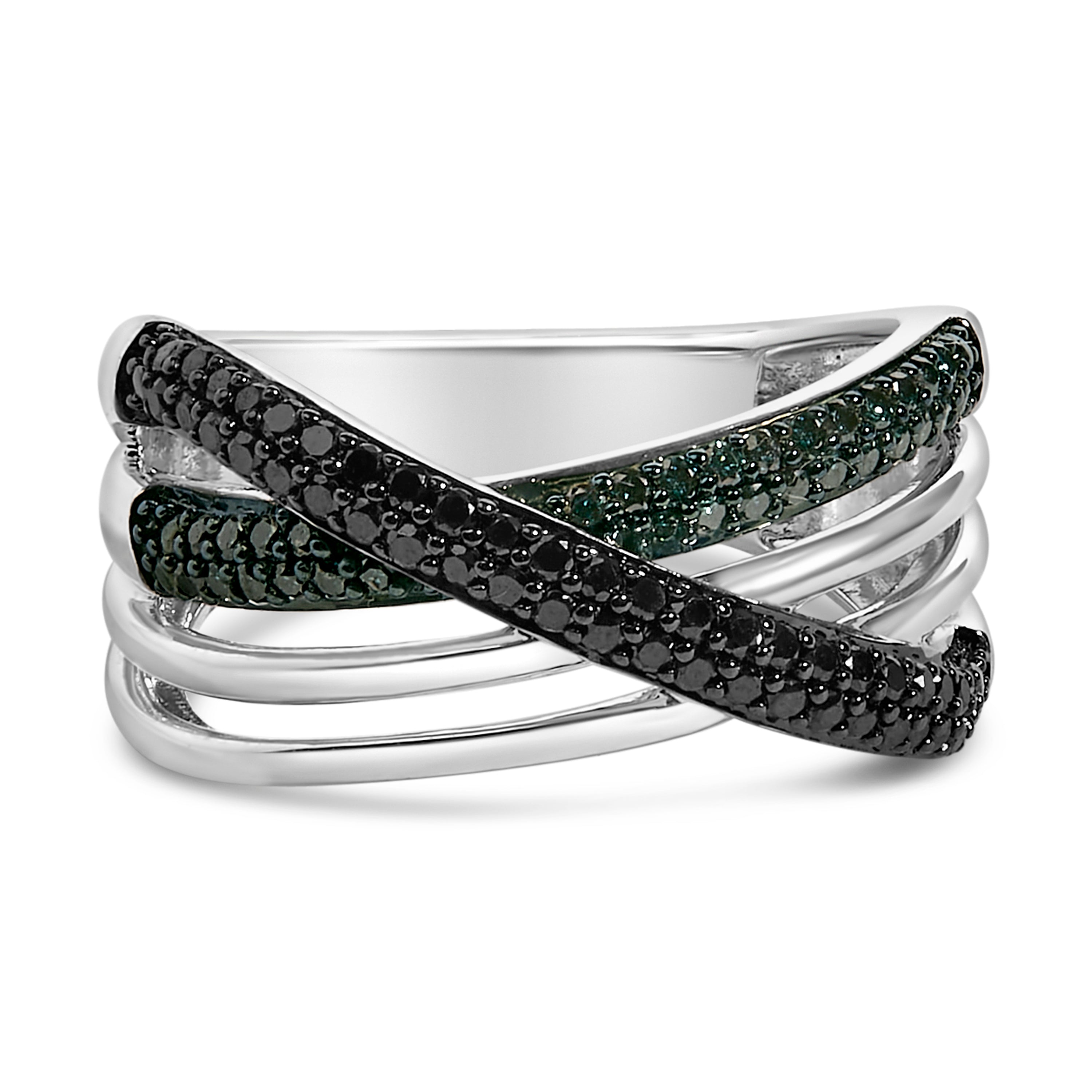 Sterling Silver 1/2 Cttw Black and Blue Diamond Crossover Bypass Ring by Bids.com