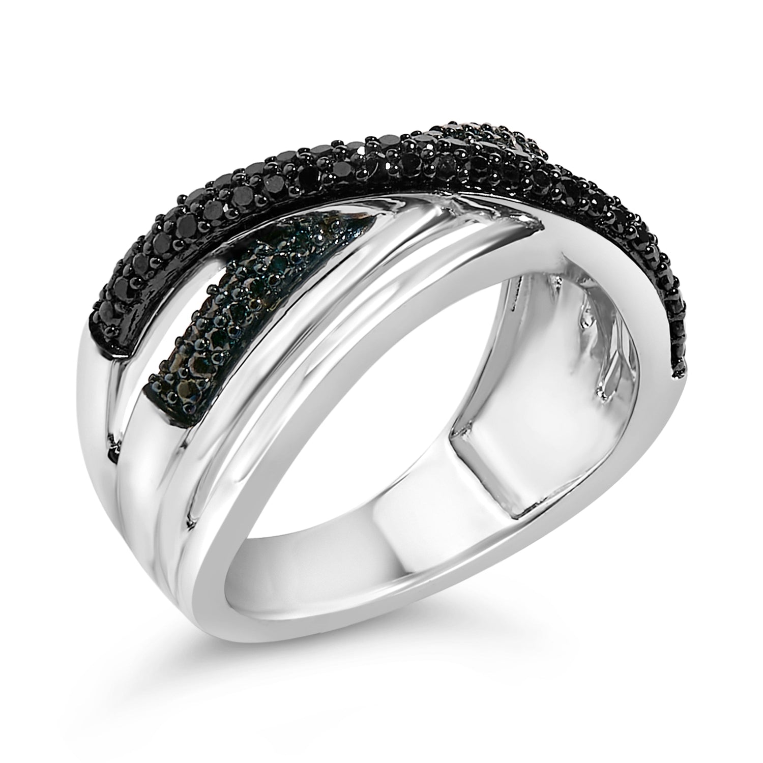 Sterling Silver 1/2 Cttw Black and Blue Diamond Crossover Bypass Ring by Bids.com