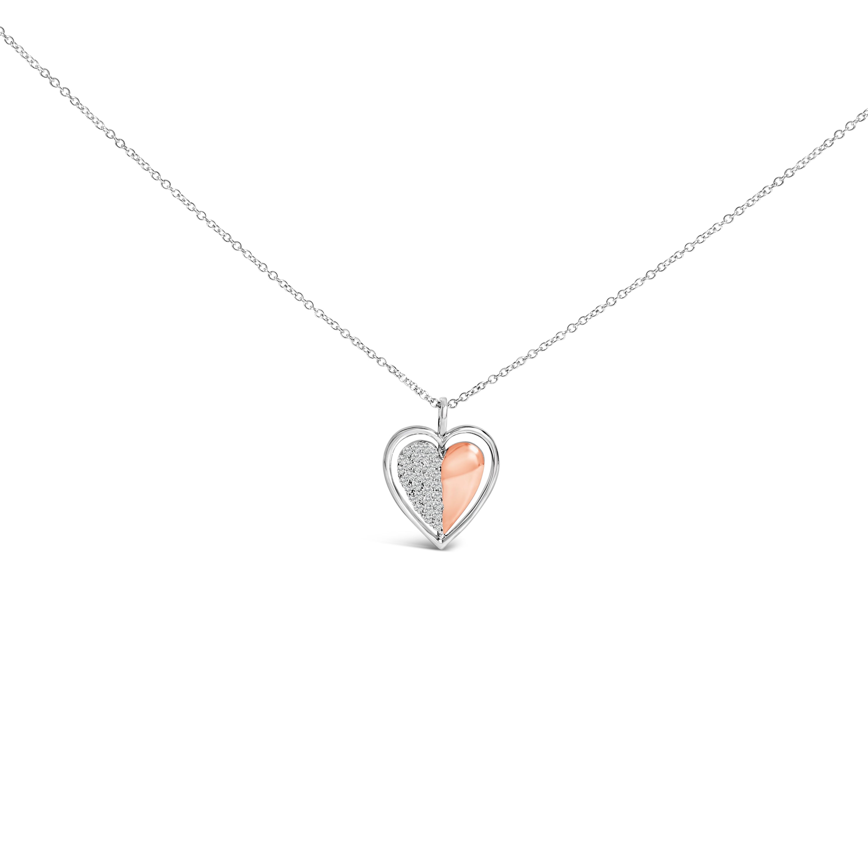 10K Rose Gold Plated Sterling Silver 1/5 Cttw Diamond Two-Tone Heart Pendant Necklace by Bids.com