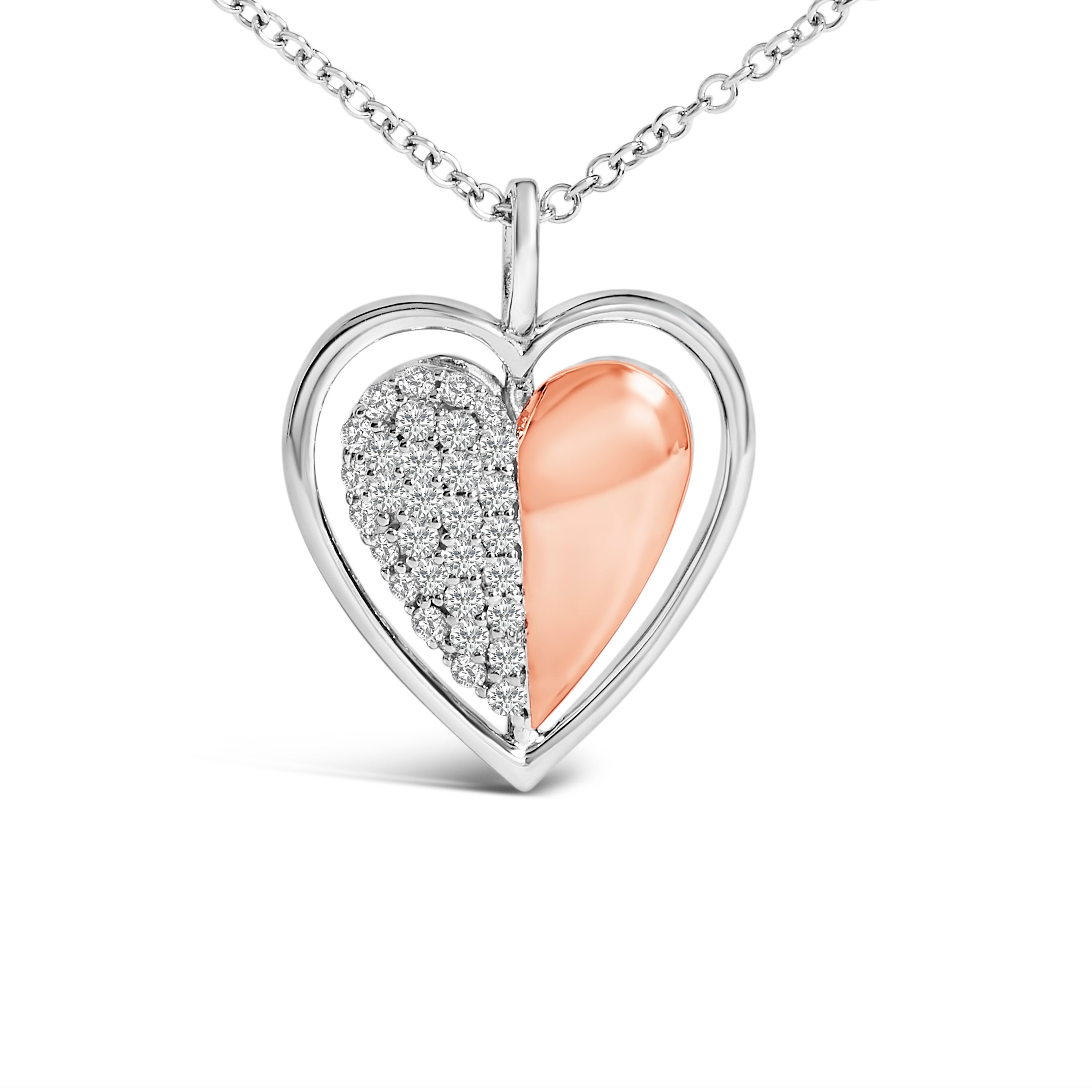 10K Rose Gold Plated Sterling Silver 1/5 Cttw Diamond Two-Tone Heart Pendant Necklace by Bids.com