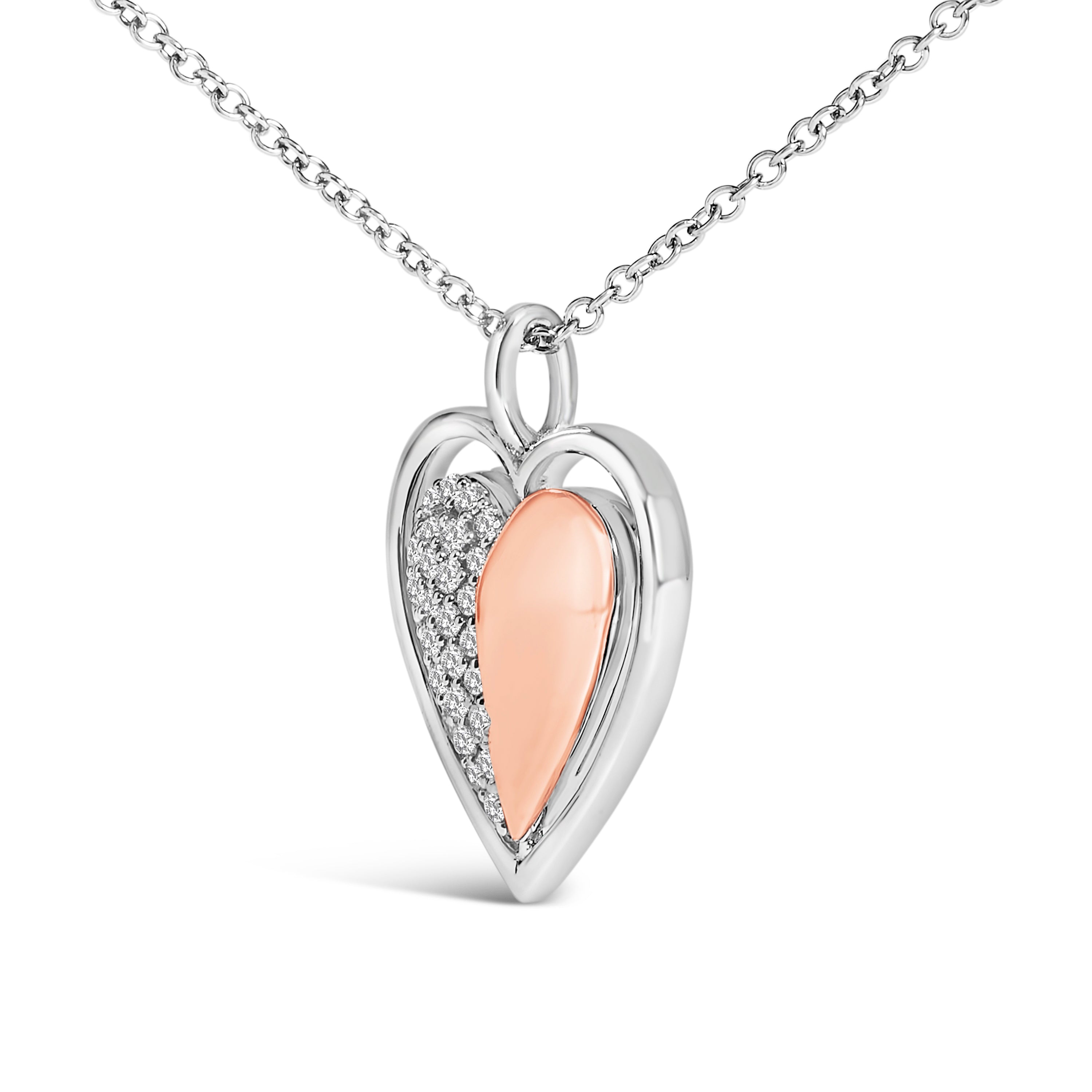 10K Rose Gold Plated Sterling Silver 1/5 Cttw Diamond Two-Tone Heart Pendant Necklace by Bids.com