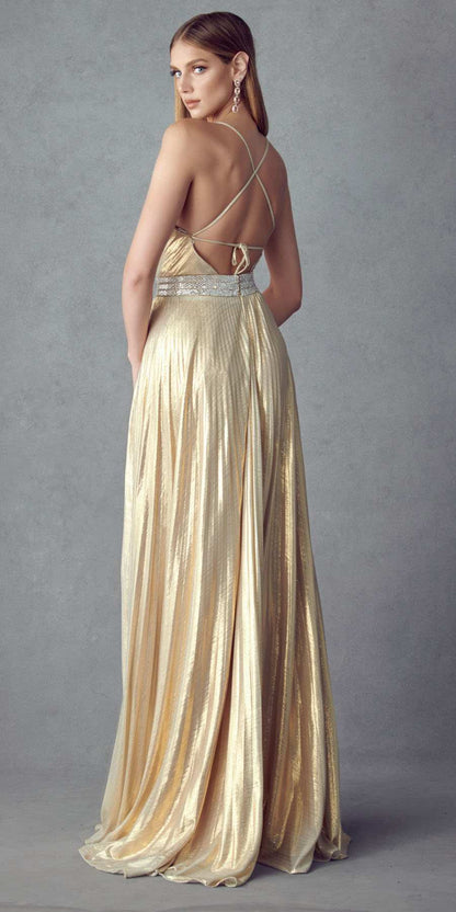 Juliet 226 Metallic Pleated Long Dress A-Line Lace-Up Back by DiscountDressShop