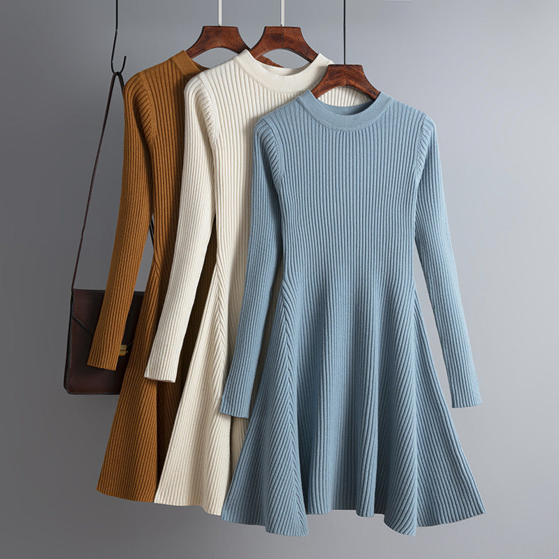 Dress Autumn Winter Women Knitted Long Sleeved Solid Color Slim Fit Bottoming Inner Wear A- line Dress by Ragazza