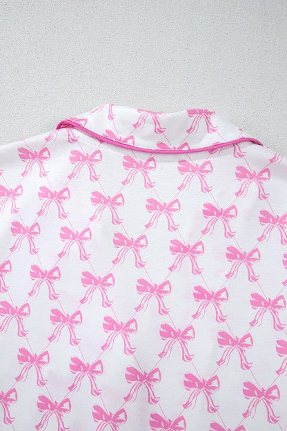 Women's Pink Bow Print Pajama Set - Short Sleeve Shirt & Ruffled Shorts