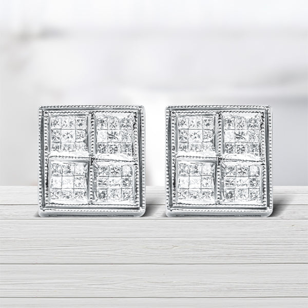 14K White Gold 1/2 Cttw Princess Diamond Composite Box Shape Milgrain Stud Earrings (H-I Color, SI1-SI2 Clarity) by Bids.com