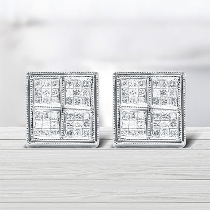 14K White Gold 1/2 Cttw Princess Diamond Composite Box Shape Milgrain Stud Earrings (H-I Color, SI1-SI2 Clarity) by Bids.com