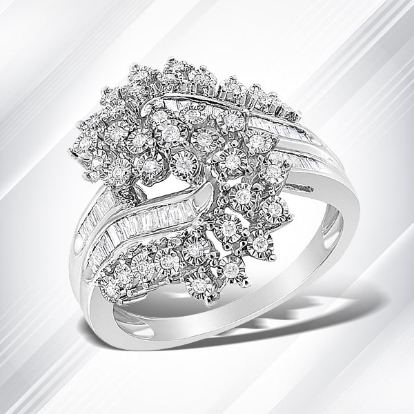 10K White Gold 1/2 Cttw Round and Baguette-Cut "S" Shaped Bypass Cocktail Ring (I-J Color, I1-I2 Clarity) - Size 7 by Bids.com