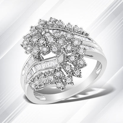 10K White Gold 1/2 Cttw Round and Baguette-Cut "S" Shaped Bypass Cocktail Ring (I-J Color, I1-I2 Clarity) - Size 7 by Bids.com
