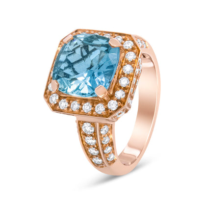18K Rose Gold 10x10mm Cushion Shaped Aquamarine and 1 1/8 Cttw Round Diamond Halo Ring (F-G Color, VS1-VS2 Clarity) - Ring Size 6.5 by Bids.com