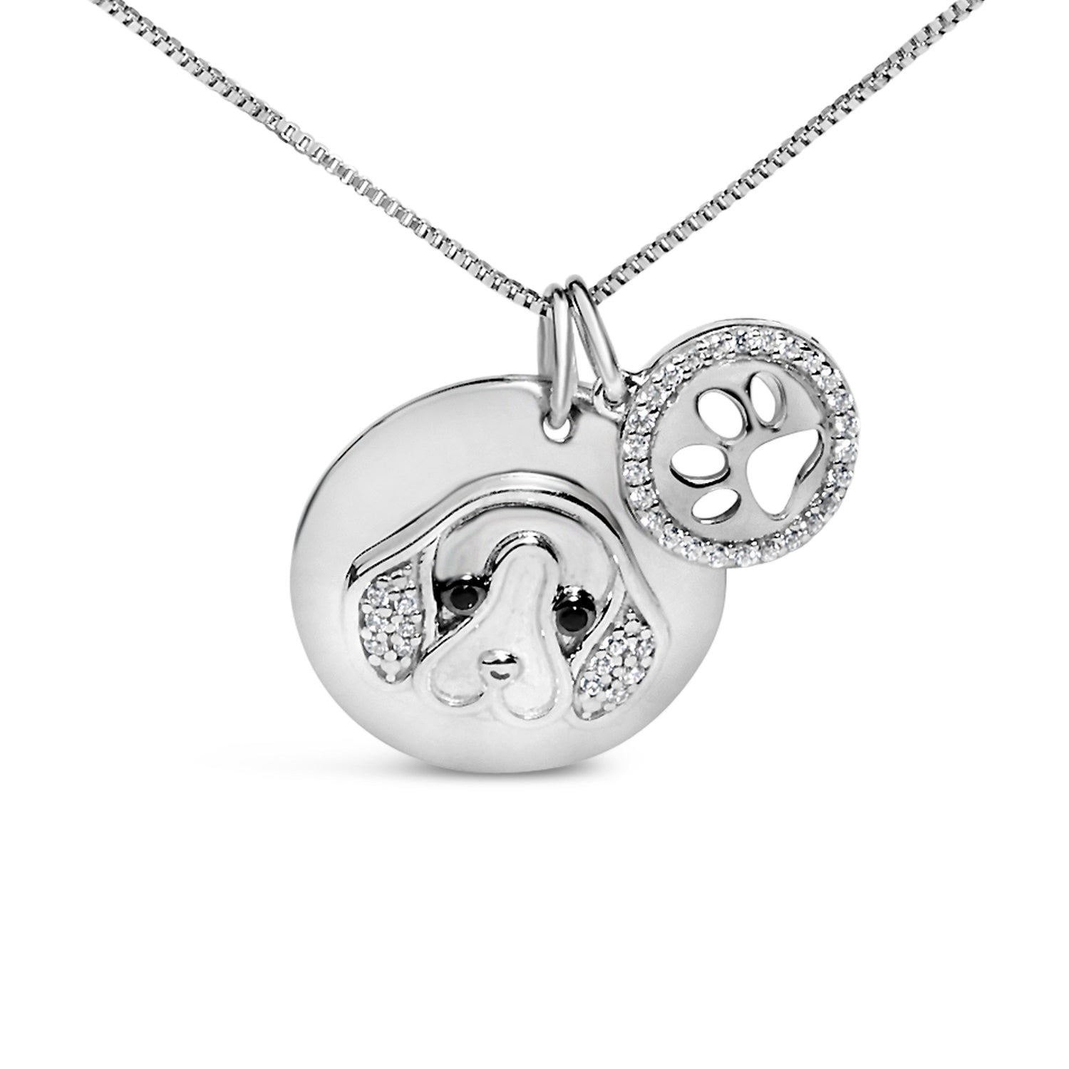 .925 Sterling Silver 1/5 Cttw White and Black Diamond Beagle Dog Medallion and Charm 18" Pendant Necklace (I-J Color, I2-I3 Clarity)  DestGlow