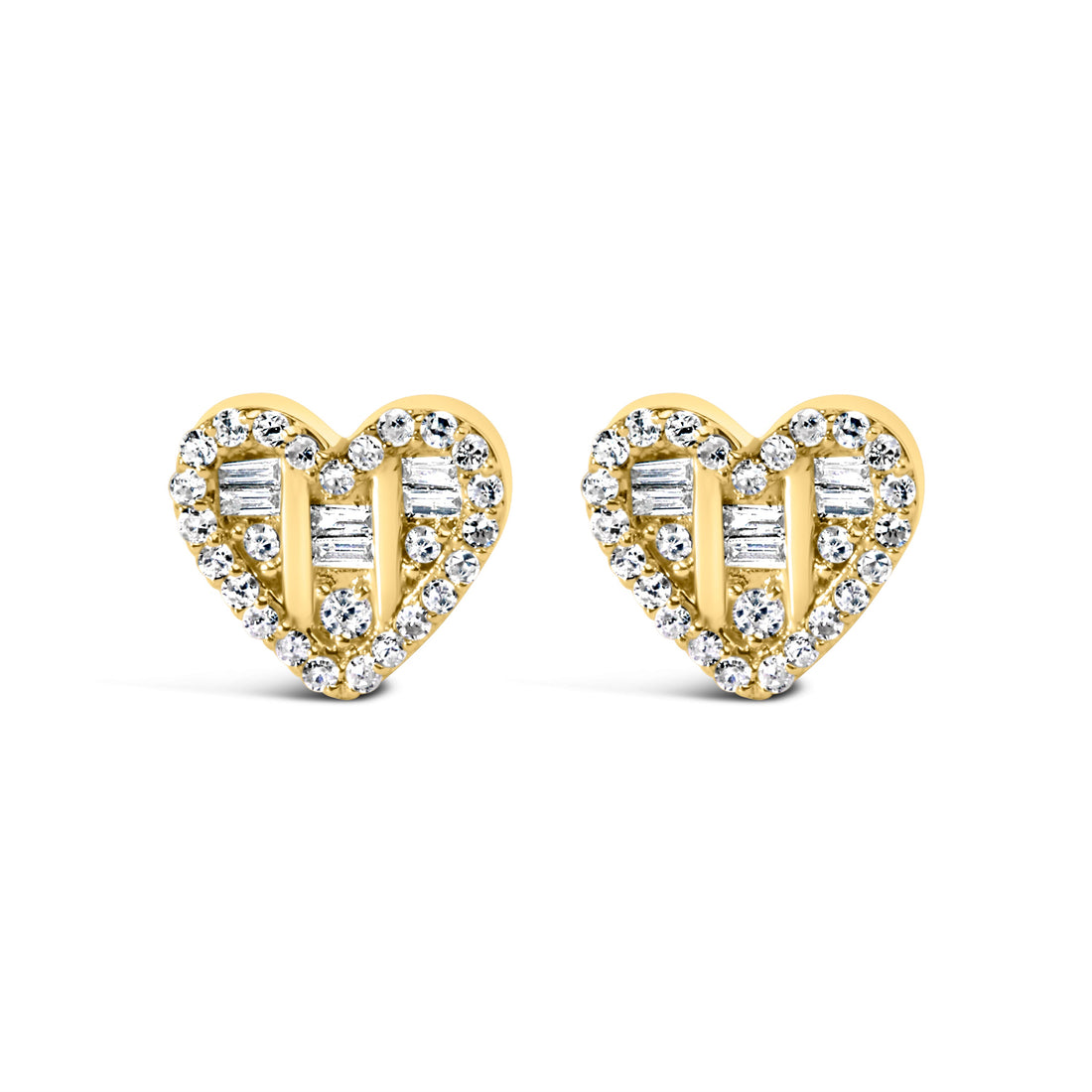 14K Yellow Gold Plated .925 Sterling Silver 1/2 Cttw Round and Baguette Diamond Composite Heart Shaped Stud Earring (I-J Color, SI2-I1 Clarity) by Bids.com