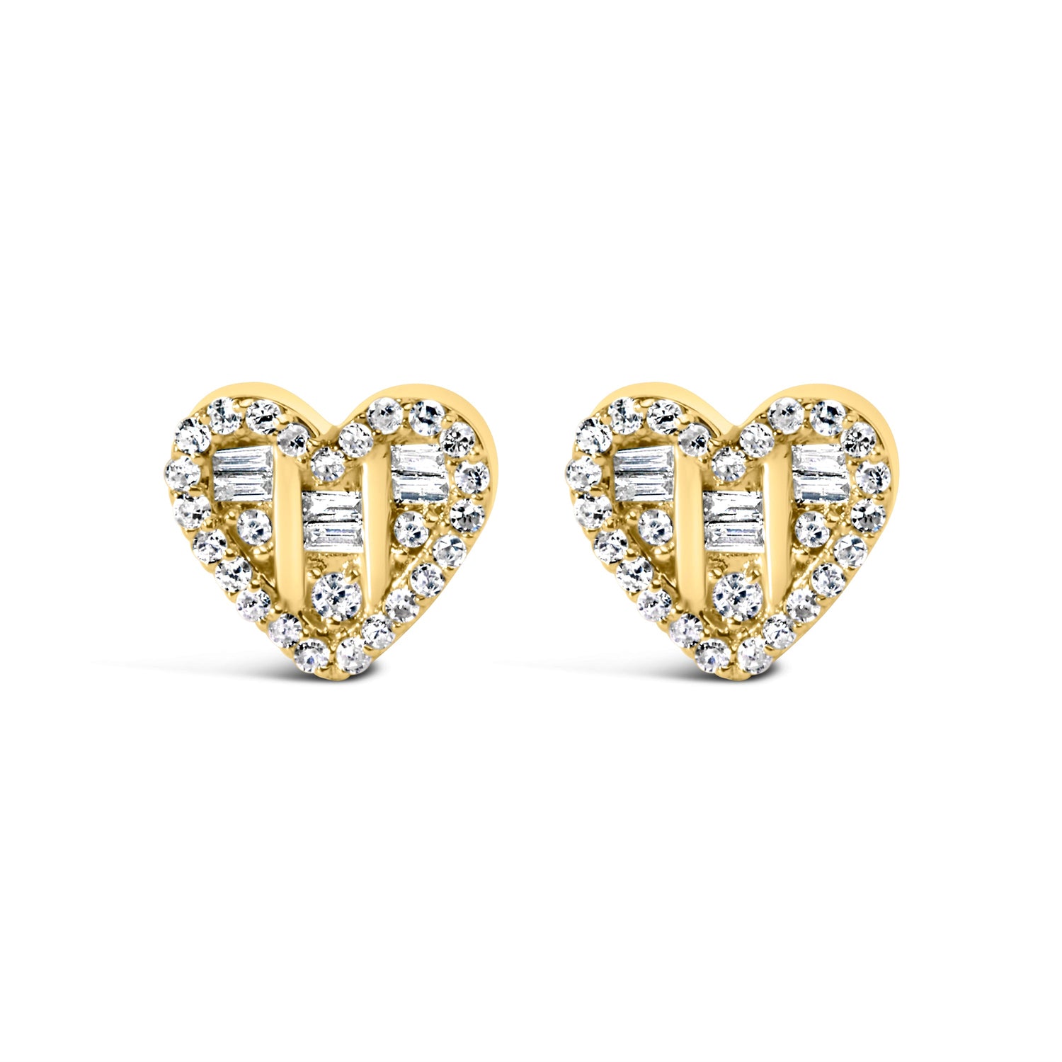 14K Yellow Gold Plated .925 Sterling Silver 1/2 Cttw Round and Baguette Diamond Composite Heart Shaped Stud Earring (I-J Color, SI2-I1 Clarity) by Bids.com