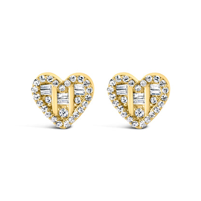 14K Yellow Gold Plated .925 Sterling Silver 1/2 Cttw Round and Baguette Diamond Composite Heart Shaped Stud Earring (I-J Color, SI2-I1 Clarity) by Bids.com