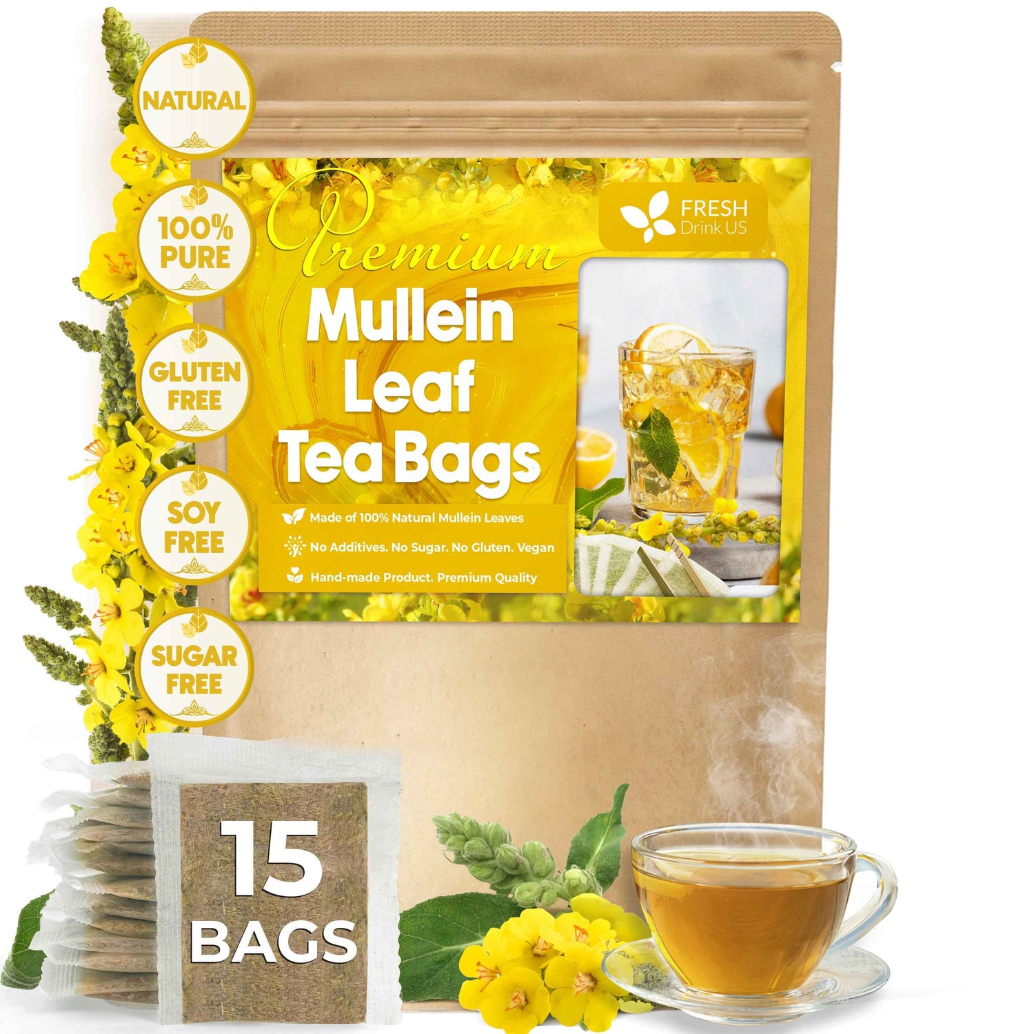 Mullein Leaf Tea Bags, 100% Natural &amp; Pure from Mullein Leaves. Loose Leaf Mullein Herbal Tea. Made with Natural Material Tea Bags. No Sugar, No Caffeine, No Gluten, Vegan.