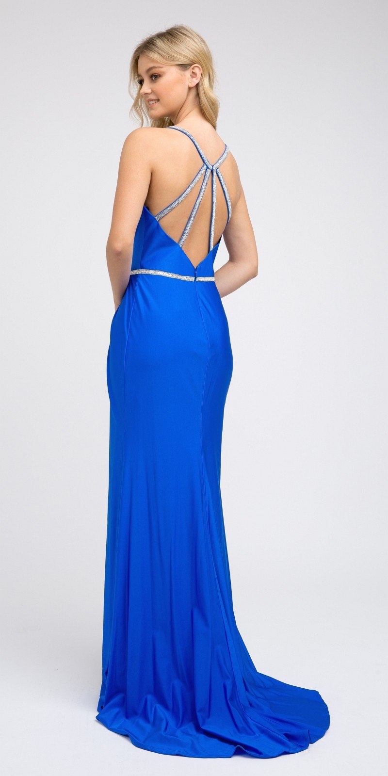 Juliet 233 Long Dress with Strappy-Back and Train by DiscountDressShop