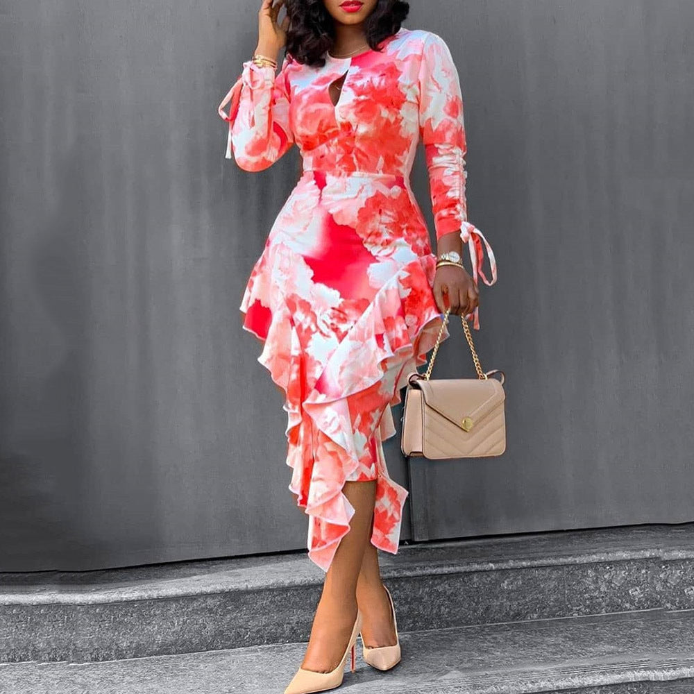 Autumn Winter Office Printed Ruffled Sheath One Step Dress by Ragazza