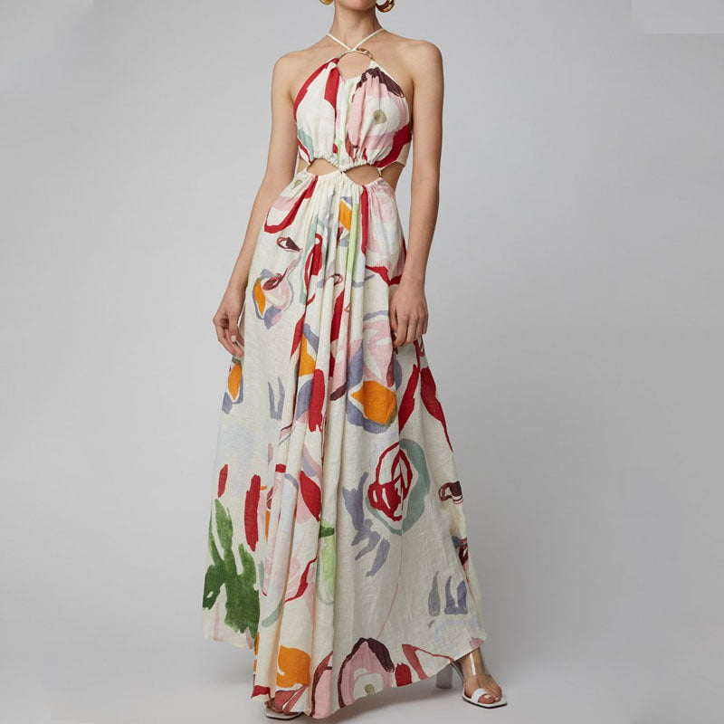 Spring Summer Women Clothing Slim Fit Large Swing Sling Stitching Printing Maxi Dress Beach Dress by Ragazza