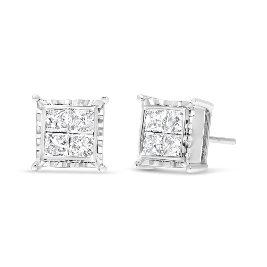 14K White Gold 1 1/2 Cttw Invisible Set Princess-Cut Diamond Contemporary Wavy Quad Stud Earrings (I-J Color, I1-I2 Clarity) by Bids.com