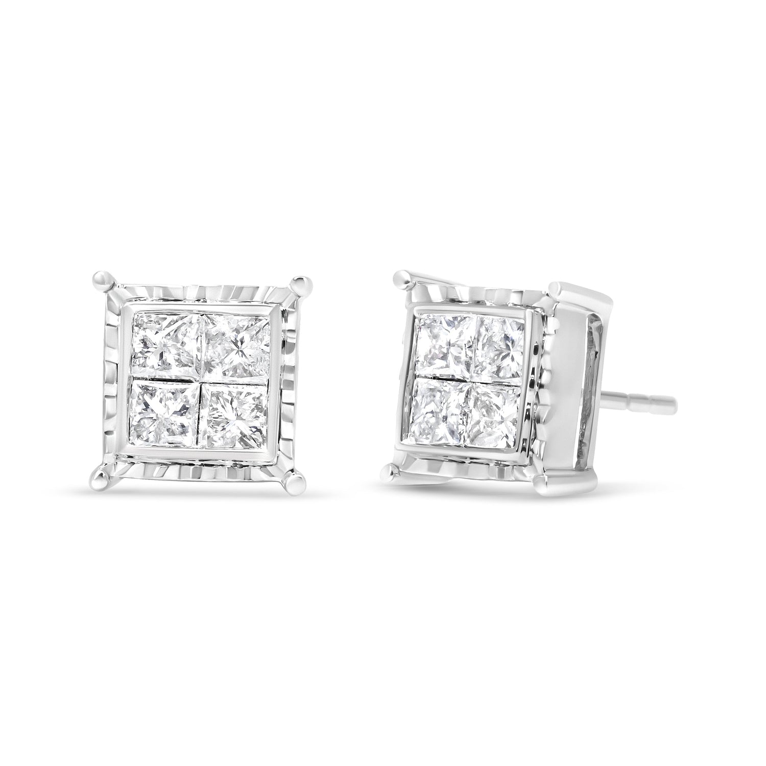 14K White Gold 1 1/2 Cttw Invisible Set Princess-Cut Diamond Contemporary Wavy Quad Stud Earrings (I-J Color, I1-I2 Clarity) by Bids.com