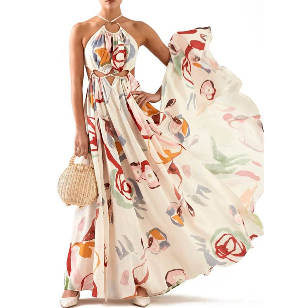 Spring Summer Women Clothing Slim Fit Large Swing Sling Stitching Printing Maxi Dress Beach Dress by Ragazza