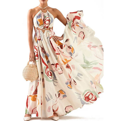 Spring Summer Women Clothing Slim Fit Large Swing Sling Stitching Printing Maxi Dress Beach Dress by Ragazza