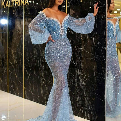 Spring Summer Women Clothing Casual Dress Elegant Gold V neck See through Fishtail Evening Dress by Ragazza
