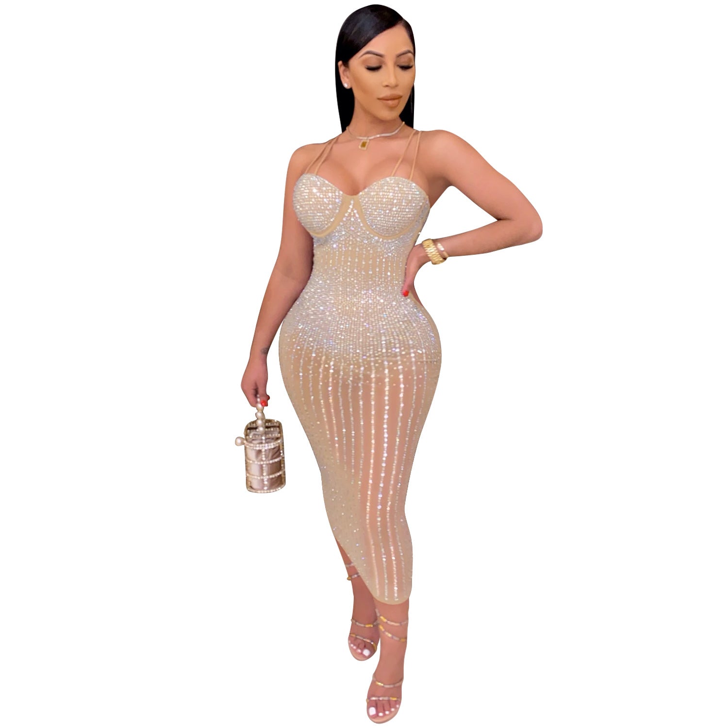 Women Wear Party Nightclub Mesh See through Rhinestone Diamond Strap Dress by Ragazza