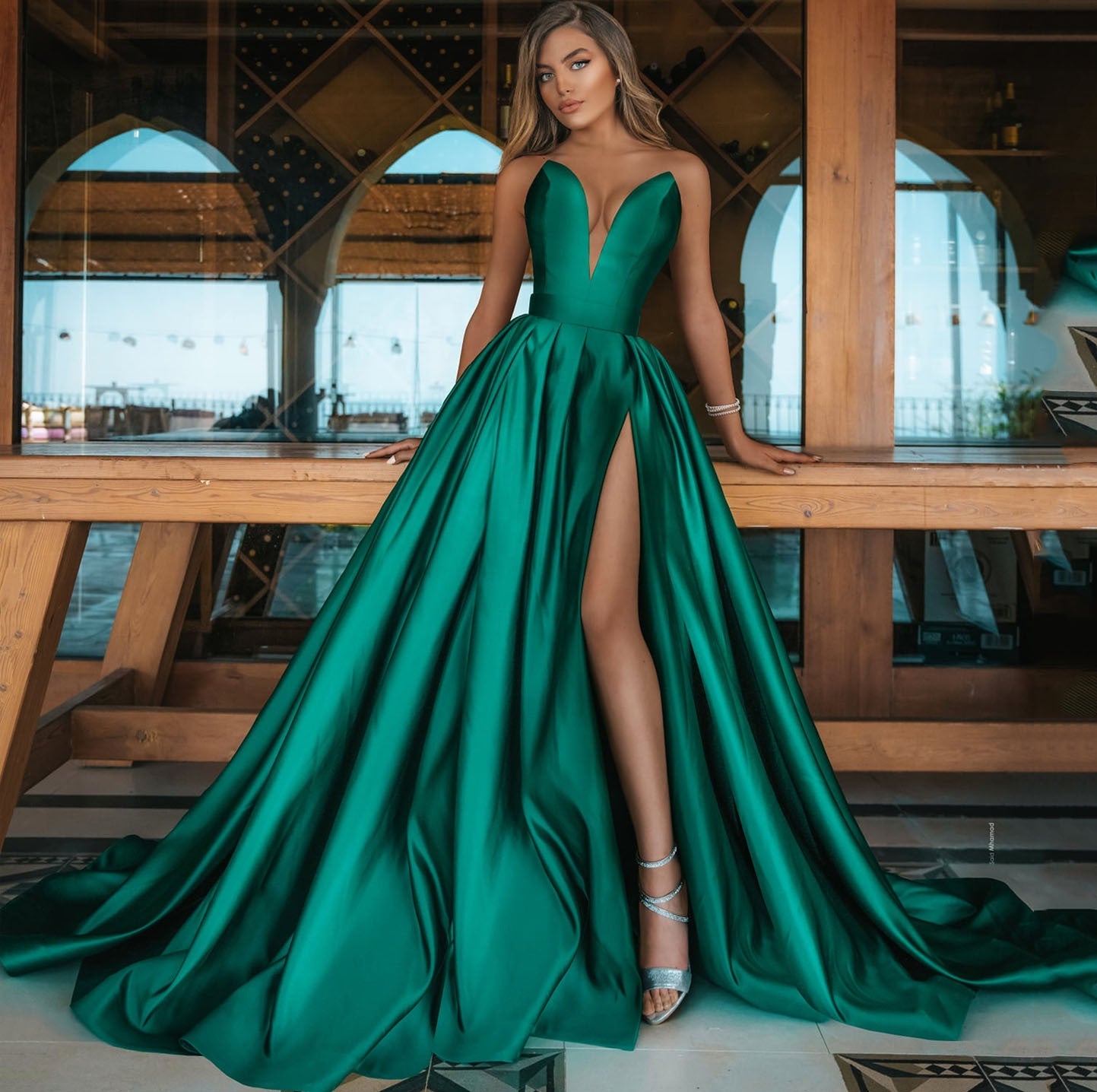 Autumn Winter Women Clothing Sexy Deep V Plunge Plunge Split Maxi Dress Wedding Dress by Ragazza