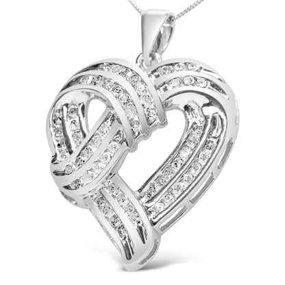 .925 Sterling Silver 1 1/4 Cttw Round Diamond Openwork Ribbon Weave Heart Pendant 18" Necklace (I-J Color, I3 Clarity) by Bids.com