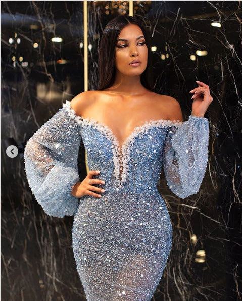 Spring Summer Women Clothing Casual Dress Elegant Gold V neck See through Fishtail Evening Dress by Ragazza