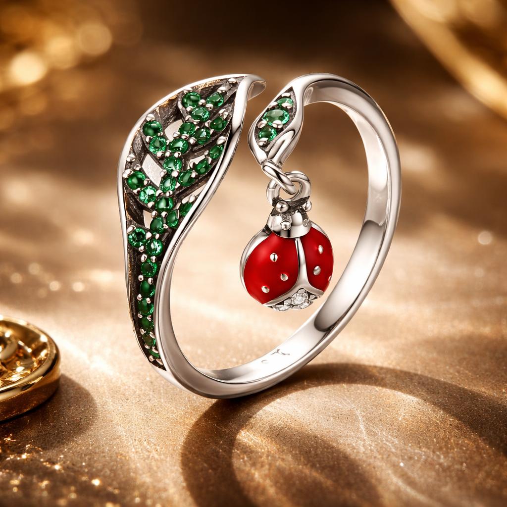 925 Sterling Silver Ring with Genuine Beetle and Leaf Design - 0.8x0.5cm, Women  DestGlow