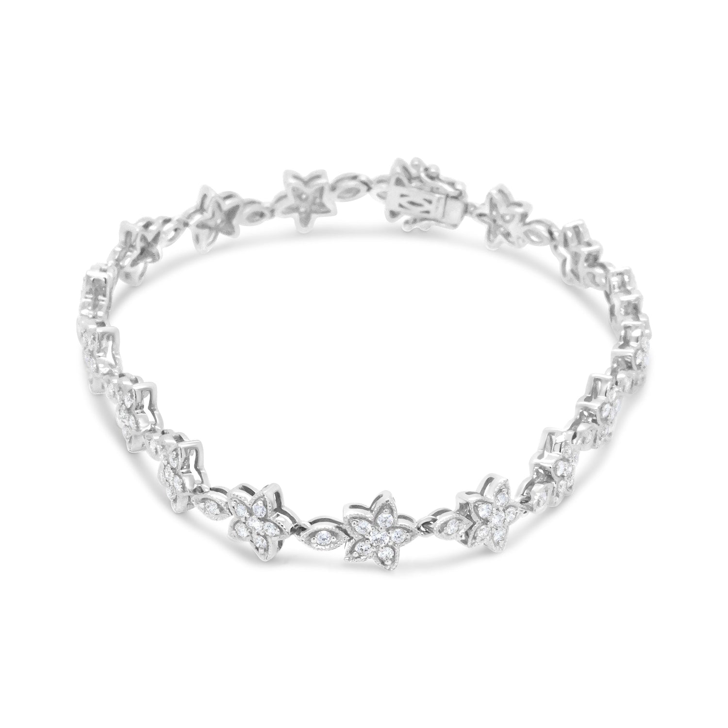 14K White Gold 1 1/5 Cttw Round Diamond Flower Blossom Link Bracelet (H-I Color, SI1-SI2 Clarity) - Size 7" by Bids.com
