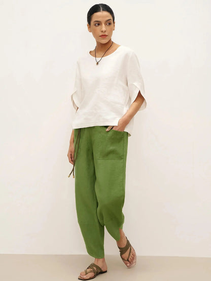 100% Linen Petal-Hem Trousers with Elastic Waist LIV by LINTICO