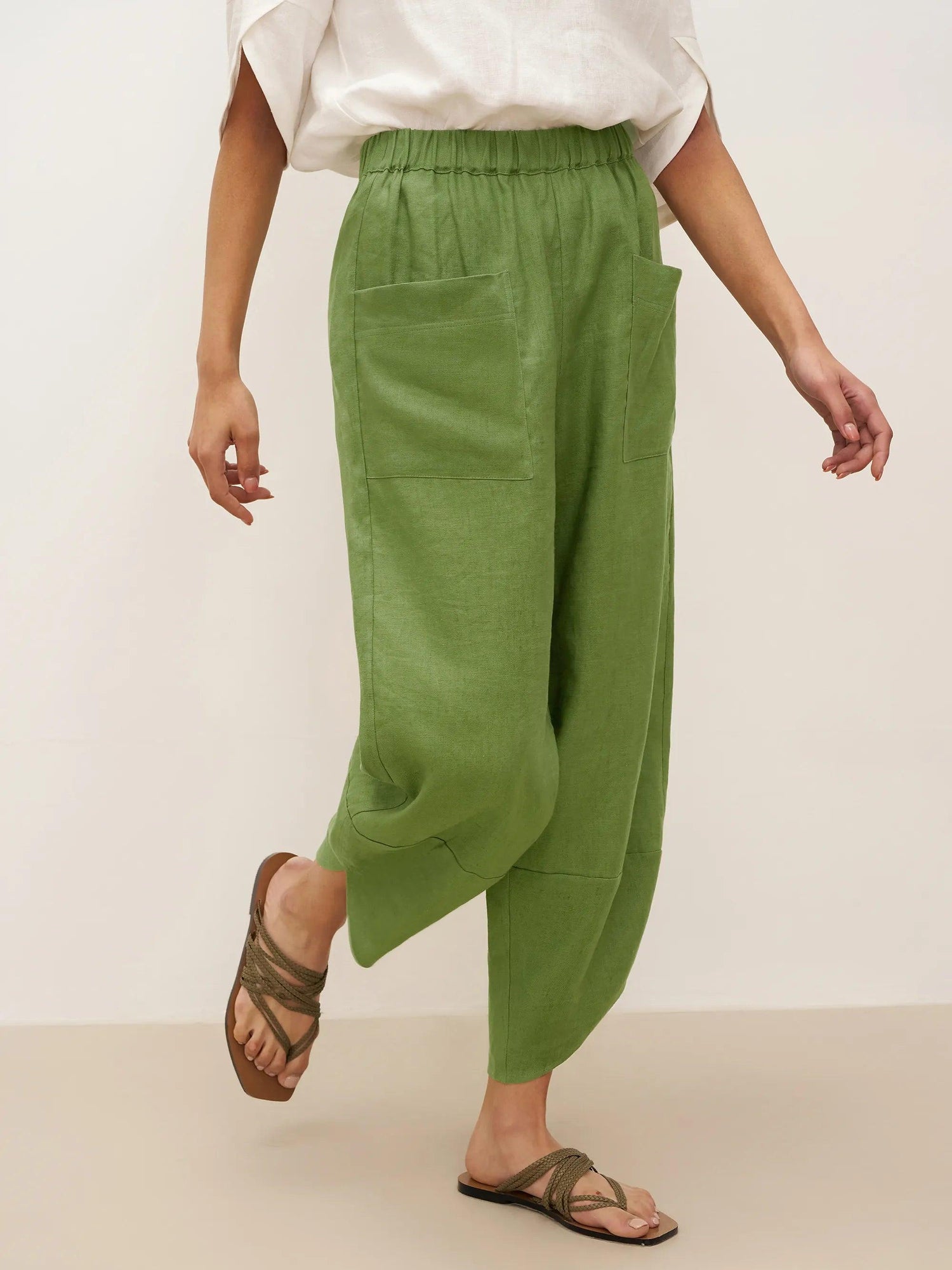 100% Linen Petal-Hem Trousers with Elastic Waist LIV by LINTICO