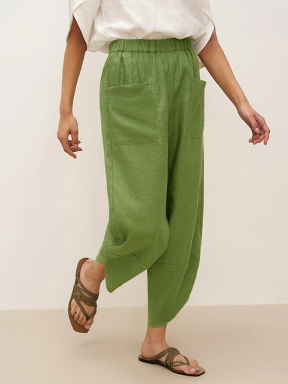 100% Linen Petal-Hem Trousers with Elastic Waist LIV by LINTICO
