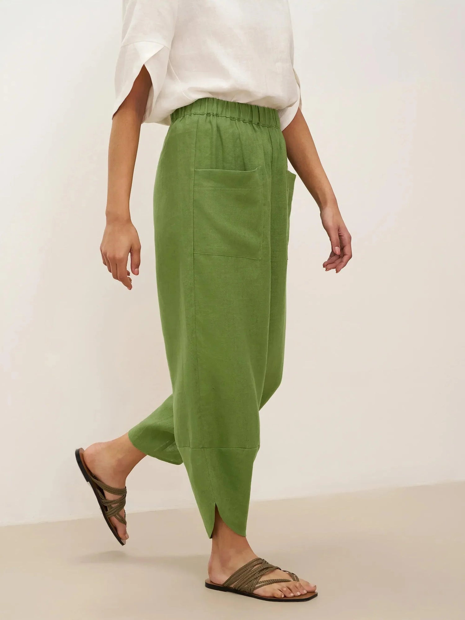 100% Linen Petal-Hem Trousers with Elastic Waist LIV by LINTICO