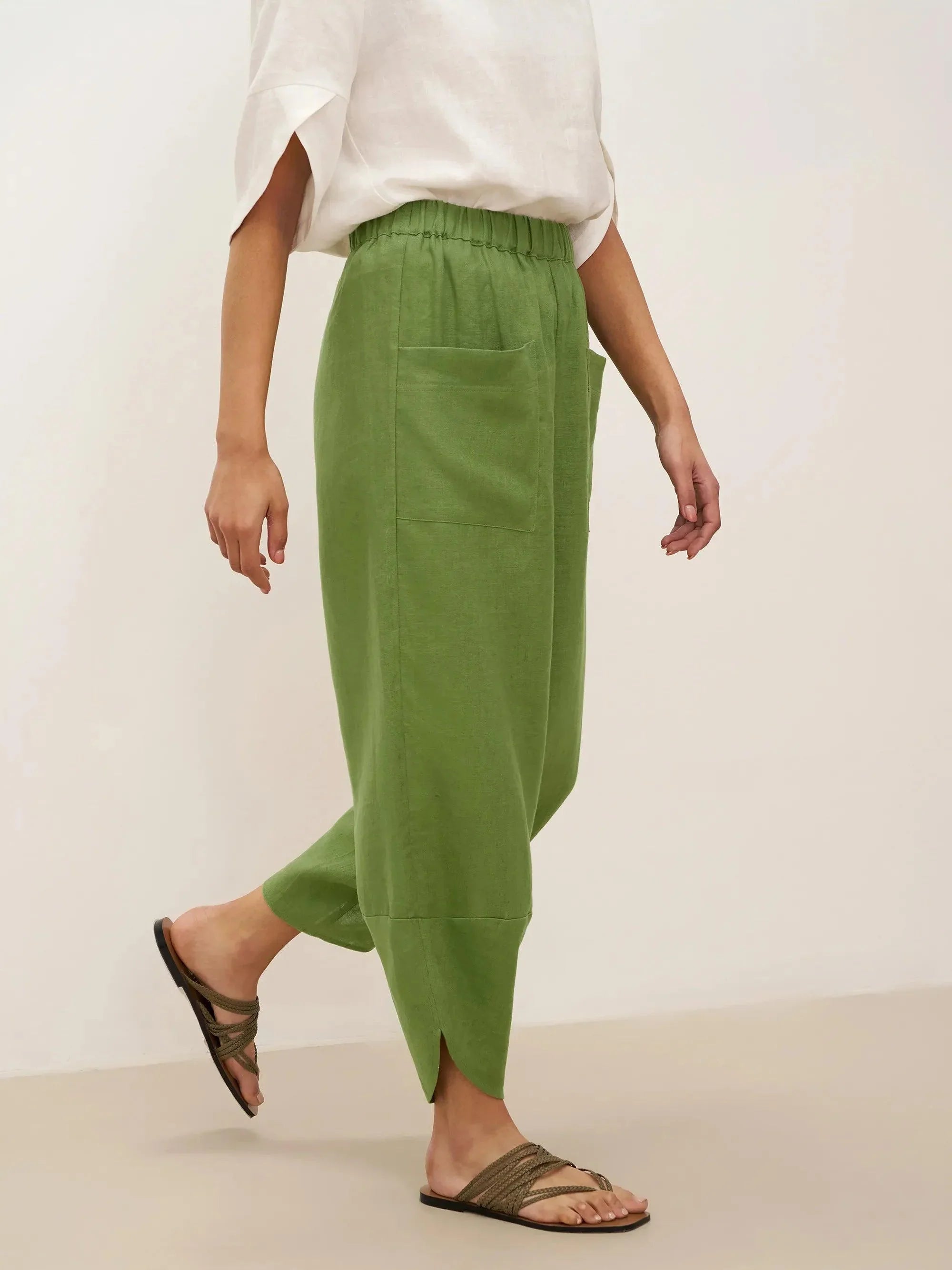100% Linen Petal-Hem Trousers with Elastic Waist LIV by LINTICO