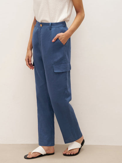 100% Linen Cargo Tapered Trousers with Patch Pockets JESSE by LINTICO