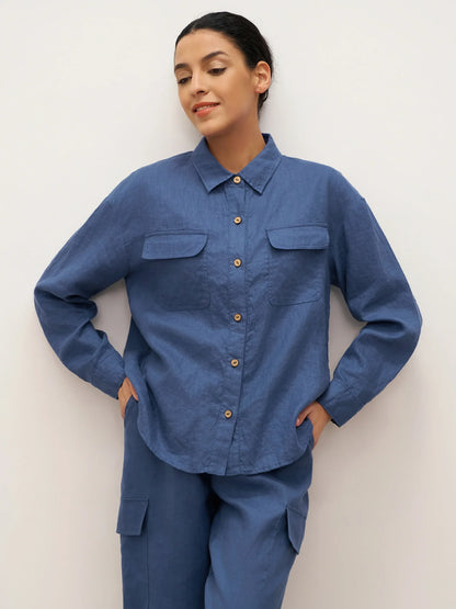 100% Linen Flap-Patch Buttoned Closure Shirt Jacket JANE by LINTICO