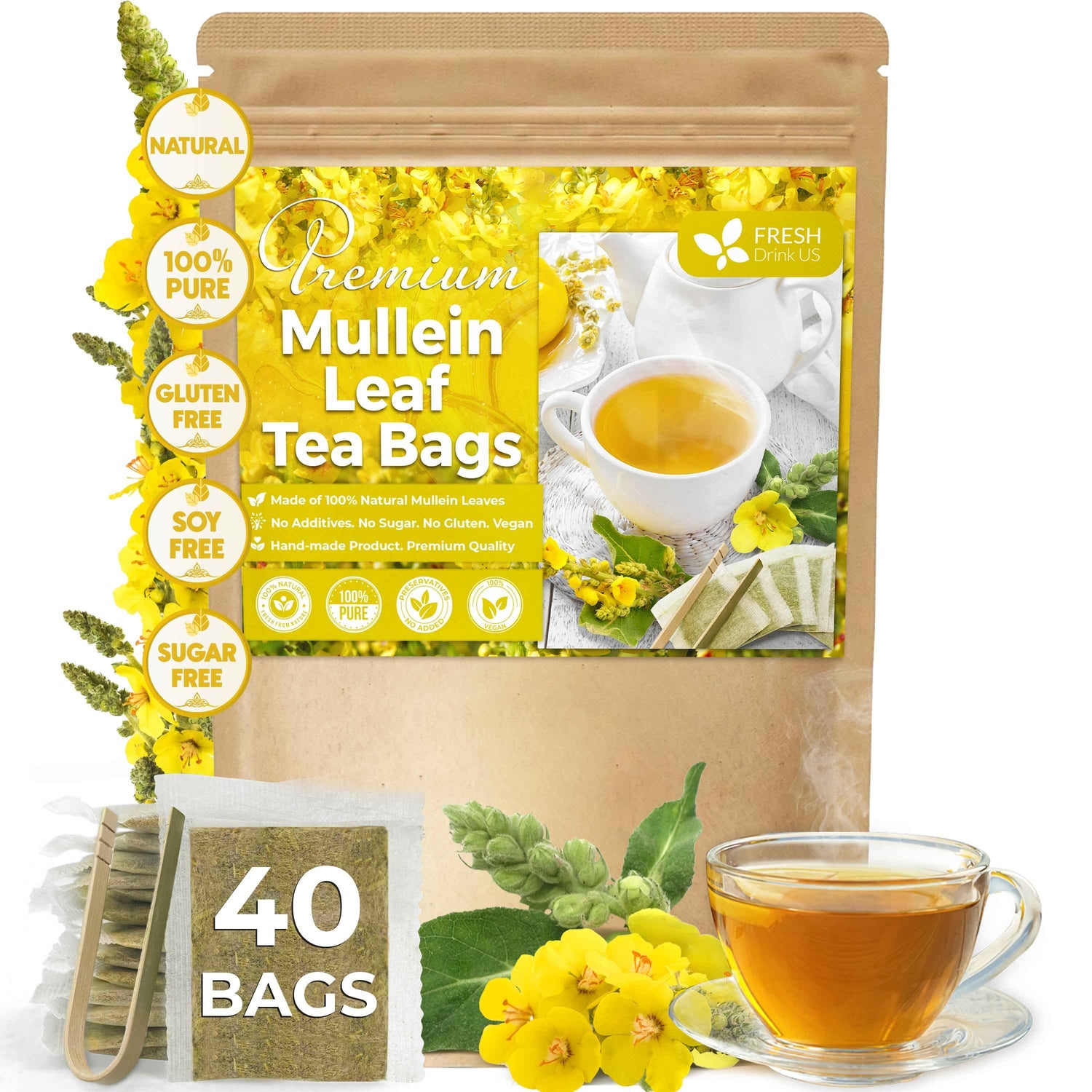 Mullein Leaf Tea Bags, 100% Natural &amp; Pure from Mullein Leaves. Loose Leaf Mullein Herbal Tea. Made with Natural Material Tea Bags. No Sugar, No Caffeine, No Gluten, Vegan.