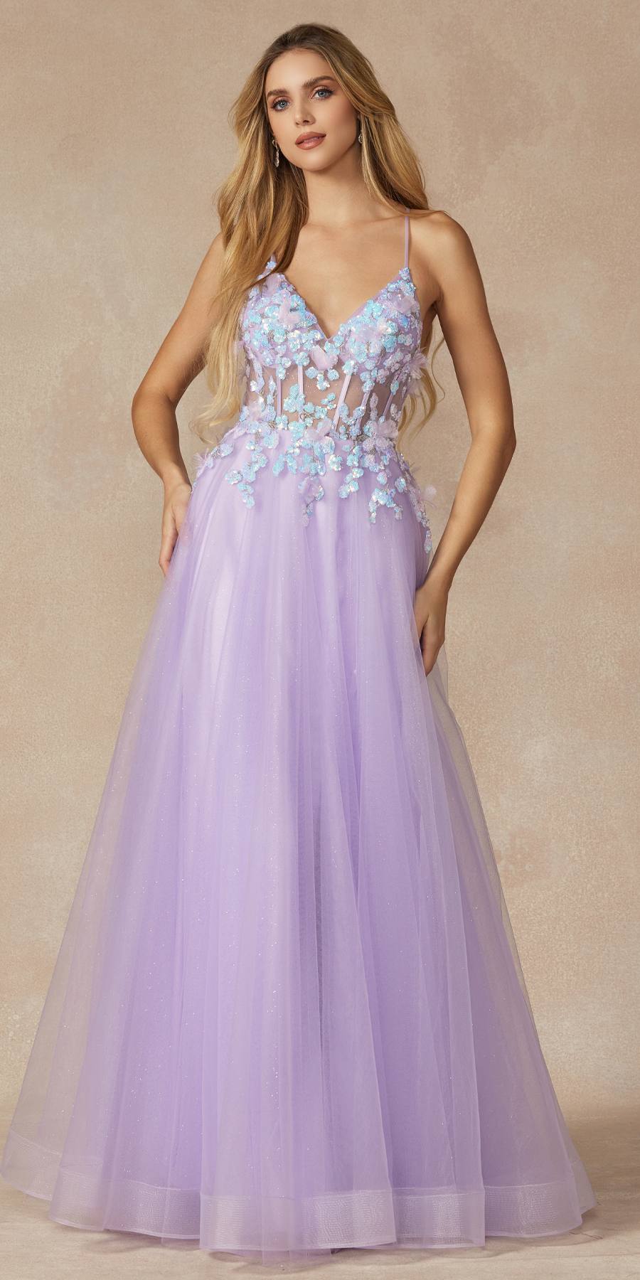 Juliet 2401 Floor Length A-Line Tulle Gown with Detachable Puff Sleeves by DiscountDressShop