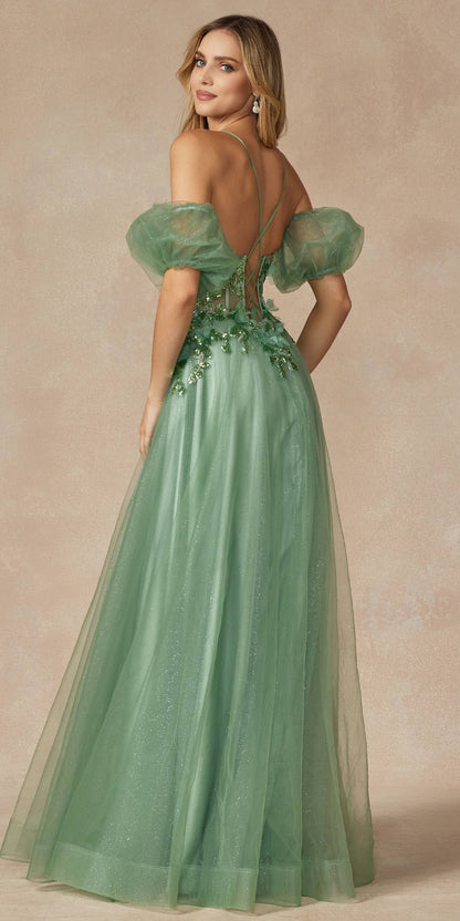 Juliet 2401 Floor Length A-Line Tulle Gown with Detachable Puff Sleeves by DiscountDressShop