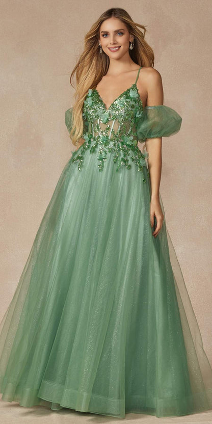 Juliet 2401 Floor Length A-Line Tulle Gown with Detachable Puff Sleeves by DiscountDressShop